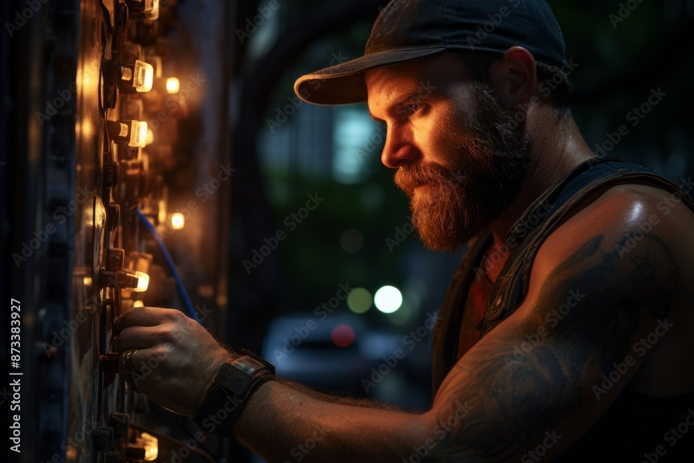 Professional male electrician working on fuse box with safety gear exhibiting professionalism Professional male electrician working on fuse box with safety gear exhibiting professionalism