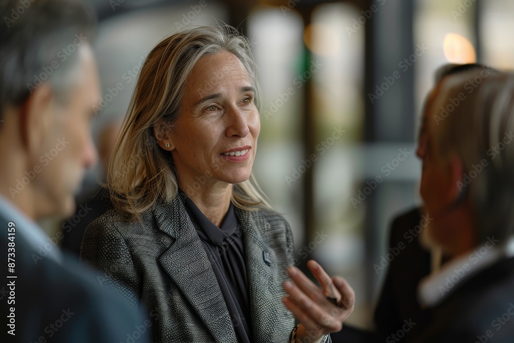 A woman in a grey blazer is seen discussing with colleagues in a professional setting. The exchange reflects mutual respect and constructive interaction among business professionals. A woman in a grey blazer is seen discussing with colleagues in a professional setting. The exchange reflects mutual respect and constructive interaction among business professionals.