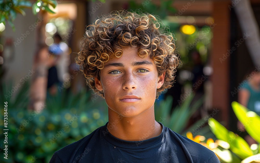 A teenage Arab male with curly hair poses for a photo in the sun A teenage Arab male with curly hair poses for a photo in the sun