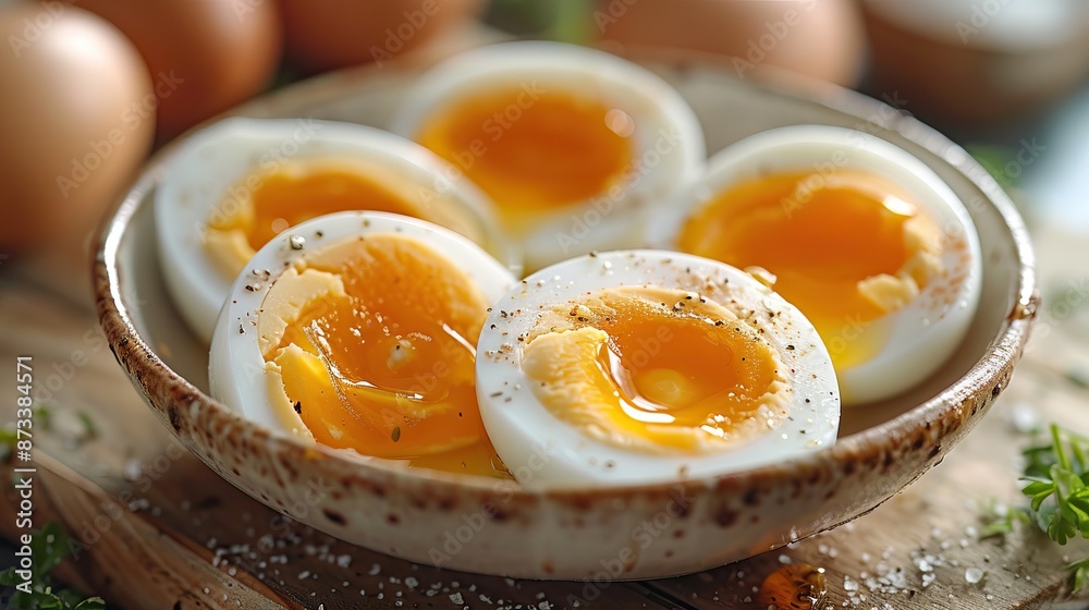 Close-Up of Perfectly Cooked Soft-Boiled Eggs in a Rustic Bowl with Seasoning Close-Up of Perfectly Cooked Soft-Boiled Eggs in a Rustic Bowl with Seasoning
