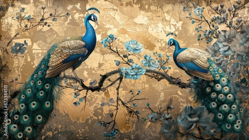 Peacocks on a Branch with Gold Background - Two peacocks perched on a branch with gold background, the vibrant colors of the birds and the floral details create a beautiful and elegant scene. - Two pe