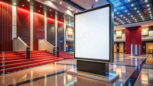 Blank Billboard in Lobby with Red Carpet and Stairs