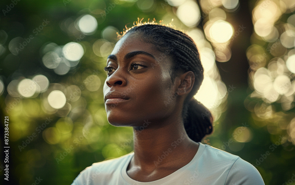 An African American woman with braided hair, wearing a white t-shirt, meditates in a lush forest. She has a thoughtful expression on her face as she looks into the distance An African American woman with braided hair, wearing a white t-shirt, meditates in a lush forest. She has a thoughtful expression on her face as she looks into the distance