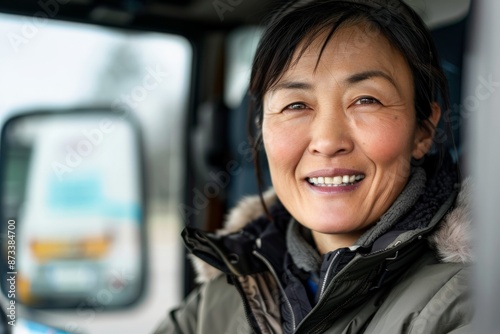 A woman with black hair, smiling warmly, is inside a vehicle wearing a winter jacket. The image captures a candid and cheerful moment, with a reflection of a vehicle in the background. © ChaoticMind