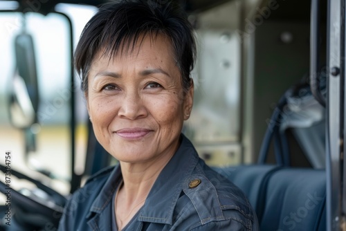 A mature woman with short hair smiling warmly, sitting in the driver’s seat of a truck. She wears a dark uniform, likely a truck driver's outfit. © ChaoticMind