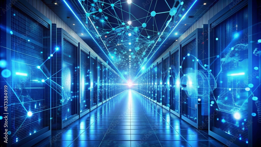Blue Network Server Room - Data Center 3D Illustration