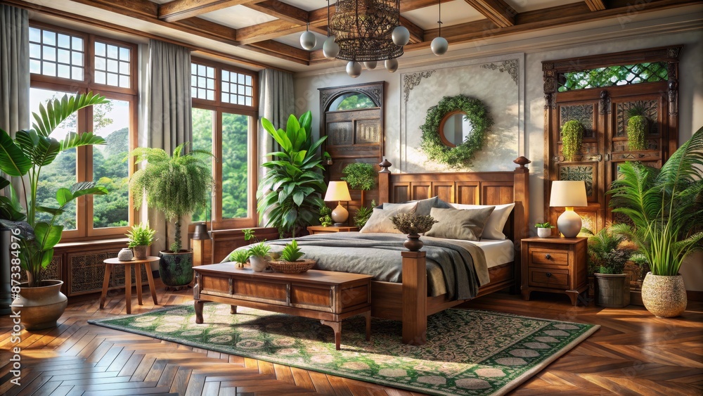 Bohemian Bedroom with Wooden Furniture and Lush Greenery