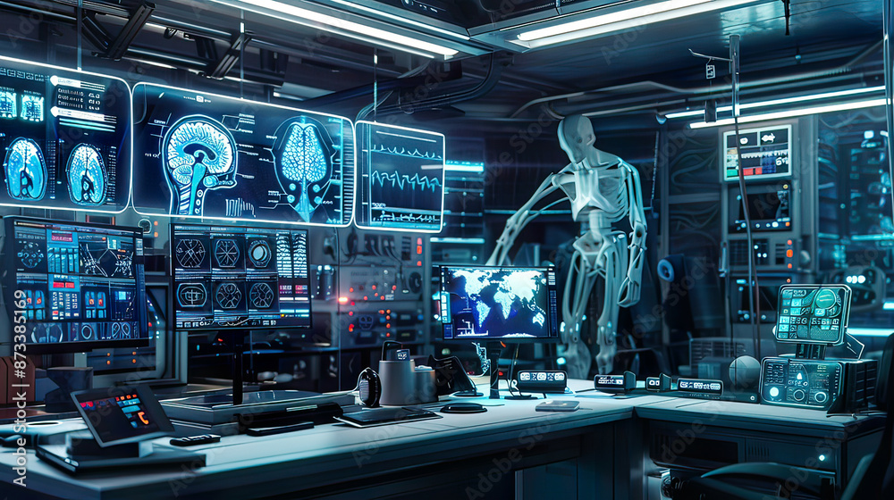 Cybernetic implants with digital displays, futuristic medical lab Cybernetic implants with digital displays, futuristic medical lab