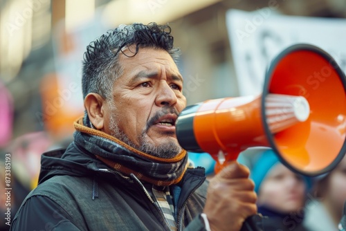 A man is passionately speaking into a bright orange loudspeaker at a protest or rally, surrounded by a crowd with banners, advocating for a cause or political movement. © ChaoticMind