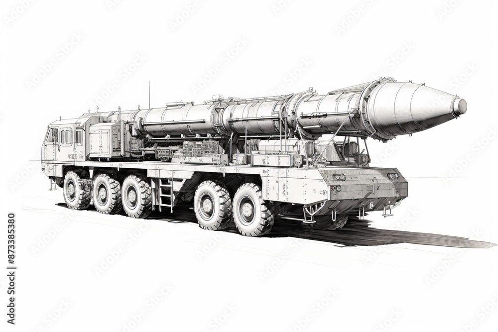 Fototapeta premium Detailed pencil sketch of a medium range missile, hand drawn illustration for military enthusiasts
