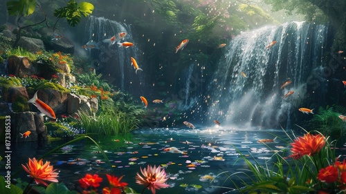 Serene Waterfall and Koi Fish - A serene waterfall cascades into a tranquil pond filled with vibrant koi fish, surrounded by lush foliage. The scene evokes peace and tranquility, creating a sense of c © Nima