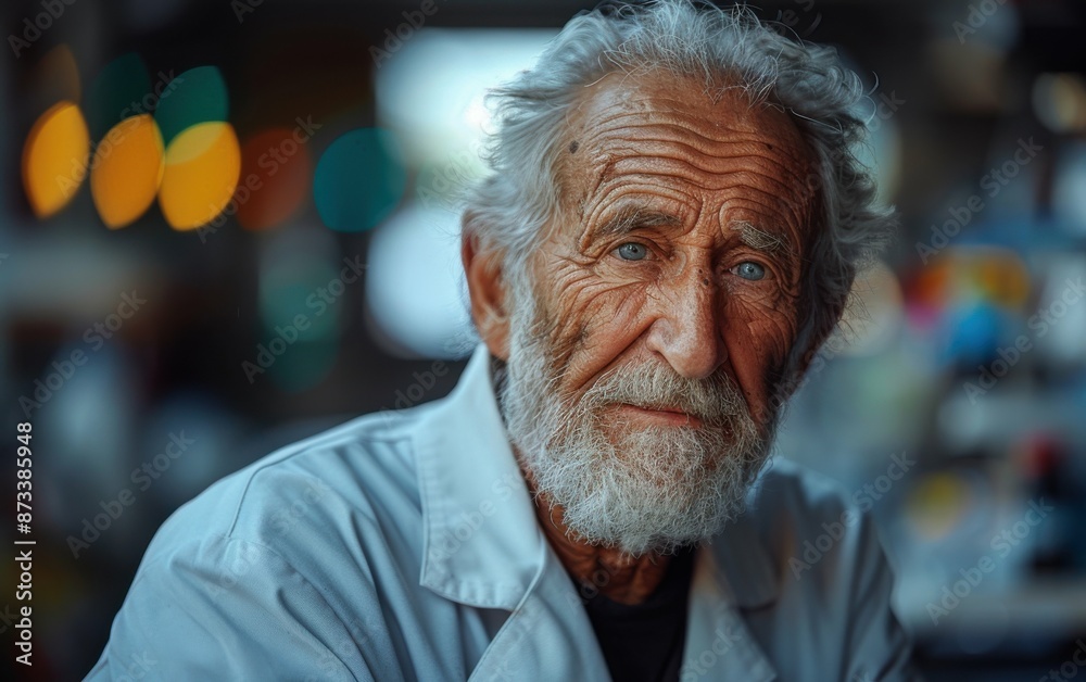 A close-up portrait of an older man with white hair, a long white beard, and blue eyes, wearing a light blue shirt A close-up portrait of an older man with white hair, a long white beard, and blue eyes, wearing a light blue shirt