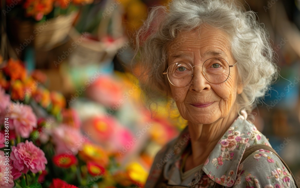 A woman with gray hair and glasses stands in front of a flower stall, smiling softly A woman with gray hair and glasses stands in front of a flower stall, smiling softly
