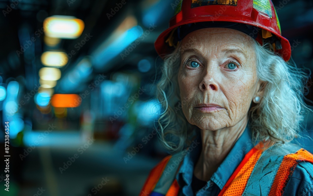A woman wearing a hard hat and safety vest looks directly at the camera in a dimly lit industrial setting A woman wearing a hard hat and safety vest looks directly at the camera in a dimly lit industrial setting