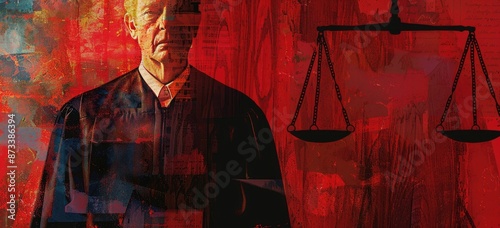 The image shows a judge in a red robe standing in front of a red background. The judge has a stern expression on his face, and he is looking directly at the viewer. The scales of justice are located photo