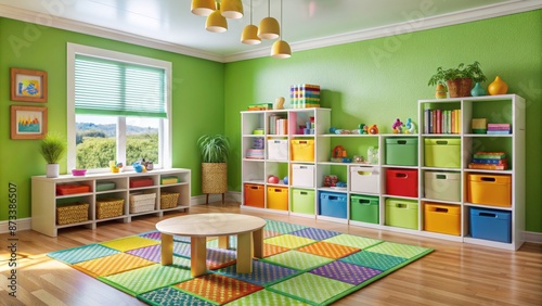 Colorful Playroom with Toy Shelves and Playmat