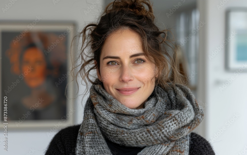 A woman with curly brown hair, wearing a grey scarf, smiles warmly towards the camera in an art gallery A woman with curly brown hair, wearing a grey scarf, smiles warmly towards the camera in an art gallery