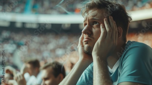 A frustrated male sports fan in a crowded stadium, emotional reaction during a live event concept