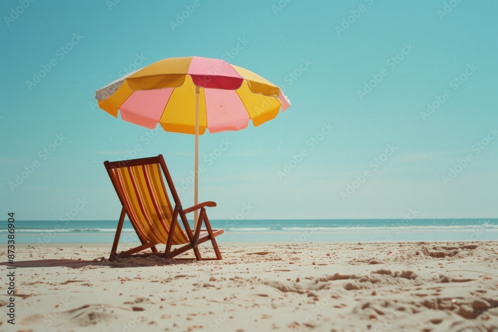A cheerful beach scene featuring a yellow and pink umbrella shading a wooden beach chair placed on sandy beach under clear blue skies with the inviting ocean in the background. A cheerful beach scene featuring a yellow and pink umbrella shading a wooden beach chair placed on sandy beach under clear blue skies with the inviting ocean in the background.