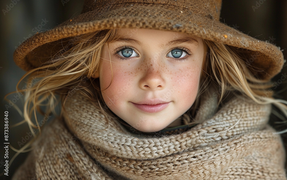 A young girl with blonde hair and blue eyes smiles slightly while wearing a brown hat and knitted scarf A young girl with blonde hair and blue eyes smiles slightly while wearing a brown hat and knitted scarf