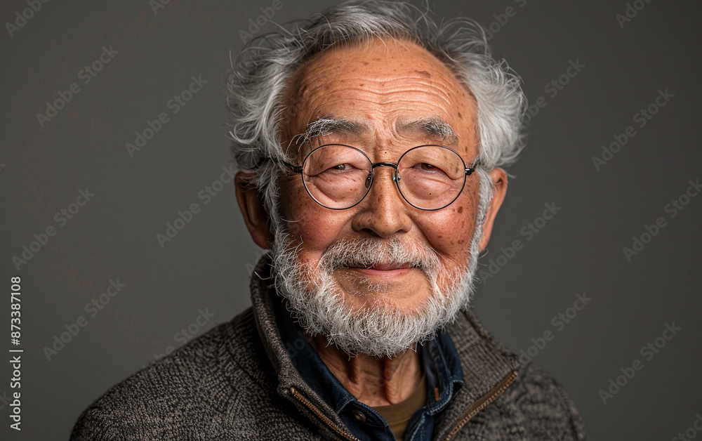 An elderly man with white hair and a beard smiles at the camera. He is wearing glasses and a sweater An elderly man with white hair and a beard smiles at the camera. He is wearing glasses and a sweater