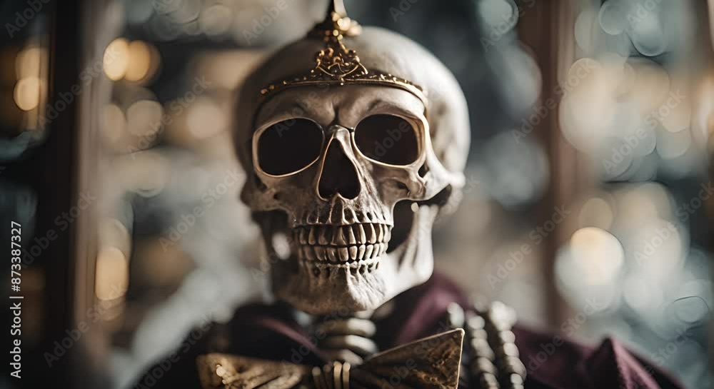 Spooky skeleton sits on a throne wearing a crown and bow tie, exuding elegance. Perfect for halloween lovers who enjoy the eerie side of the holiday