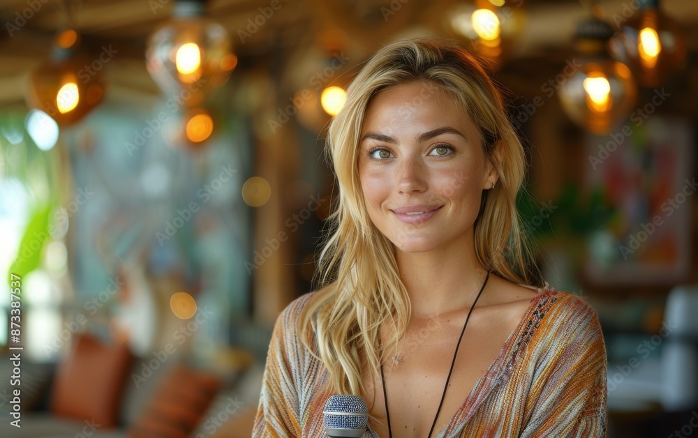 A woman with long blonde hair smiles as she holds a microphone in a cafe setting with warm lighting