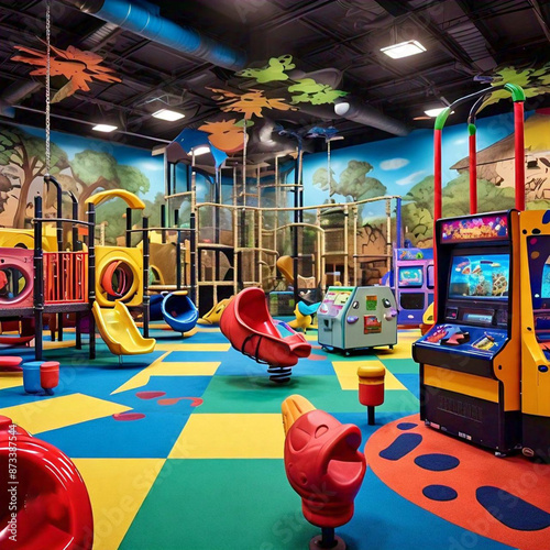 playground that has a variety of play games and a very beautiful colorful scene with all kinds of electronic play machines for children.