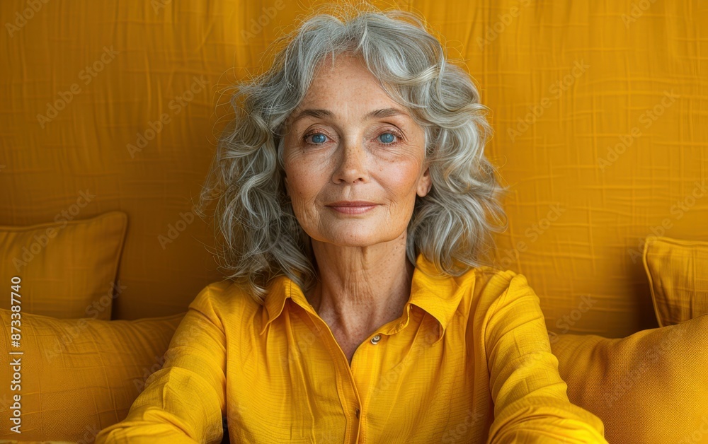 A woman with silver hair, wearing a yellow shirt, sits on a yellow couch. She is looking directly at the camera with a serene expression A woman with silver hair, wearing a yellow shirt, sits on a yellow couch. She is looking directly at the camera with a serene expression