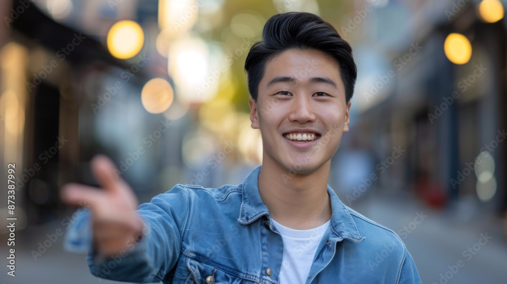 East asian handsome man smiling stretching for a hand shake East asian handsome man smiling stretching for a hand shake