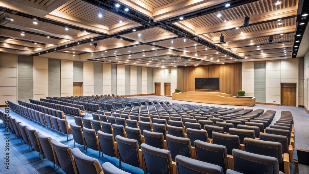 Naklejka premium Empty Auditorium with Wooden Ceiling and Blue Chairs