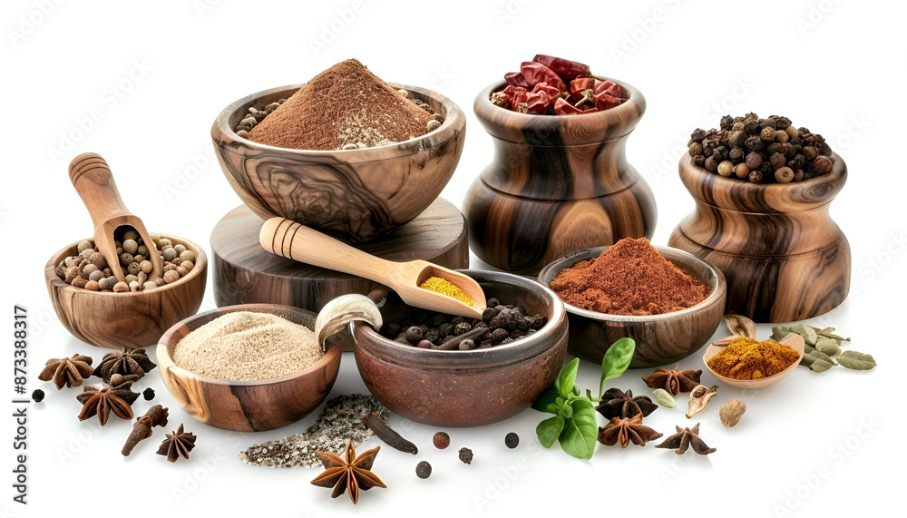 Composition with different spices and mortar on white background Composition with different spices and mortar on white background