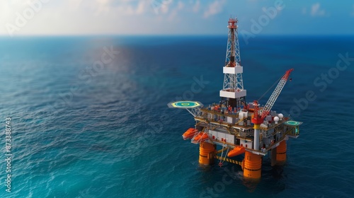 Photorealistic scene of a deep-sea oil drilling rig, towering over a serene ocean, with maintenance crew visible on the deck under clear skies photo