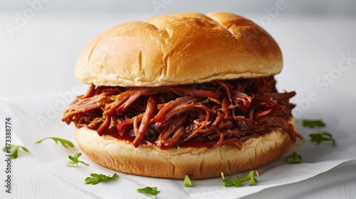 Pulled pork sandwich with tender, slow-cooked pork, served on a white background, highlighting the textures and colors, focus cover all object