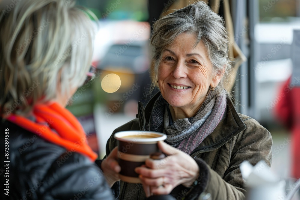 The image captures a smiling woman holding a coffee cup, standing in a casual setting, dressed in warm clothing, and engaging in a friendly conversation with another individual. The image captures a smiling woman holding a coffee cup, standing in a casual setting, dressed in warm clothing, and engaging in a friendly conversation with another individual.
