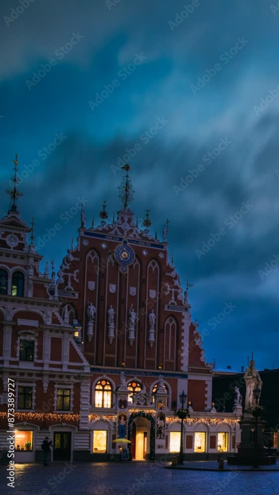 Riga, Latvia. Time Lapse Timelapse Time-lapse Of Town Hall Square, Popular Place With Famous Landmarks On It In Bright Illumination In Winter Twilight. New Year, Christmas Holidays Riga, Latvia. Time Lapse Timelapse Time-lapse Of Town Hall Square, Popular Place With Famous Landmarks On It In Bright Illumination In Winter Twilight. New Year, Christmas Holidays