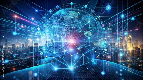 Global Network Connections - Cityscape with Digital Grid and Earth Globe