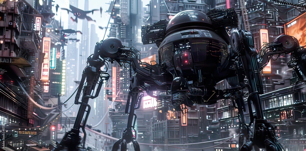 Fototapeta premium Futuristic exoskeleton performing complex tasks, city backdrop 