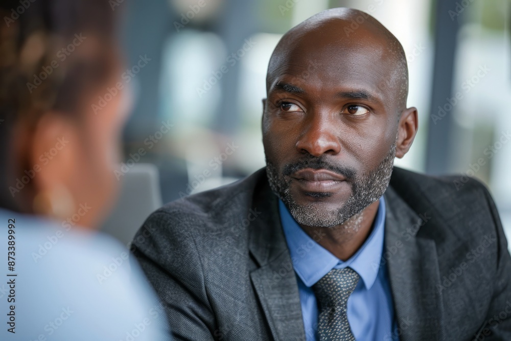 A serious man in a business suit attentively listens during a conversation, projecting focus and professionalism in a work or formal meeting setting. A serious man in a business suit attentively listens during a conversation, projecting focus and professionalism in a work or formal meeting setting.