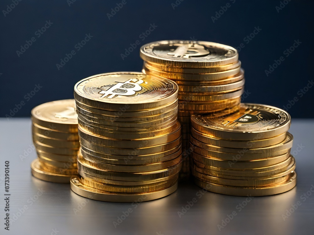 Stack of golden bitcoins money white background investment, Stacks of shiny bitcoins depicted as valuable cryptocurrency assets Stack of golden bitcoins money white background investment, Stacks of shiny bitcoins depicted as valuable cryptocurrency assets