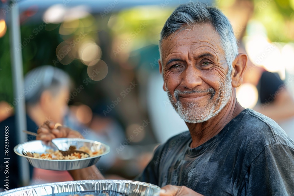 A man with gray hair is happily serving food at an outdoor event, smiling warmly towards the camera, indicating a sense of community and generosity. A man with gray hair is happily serving food at an outdoor event, smiling warmly towards the camera, indicating a sense of community and generosity.