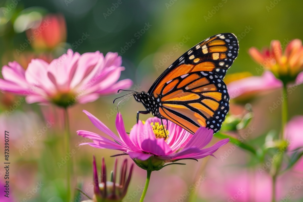 A breathtaking butterfly with orange and black wings is captured perched on vibrant pink flowers in a lush garden, showcasing the beauty of nature's small wonders. A breathtaking butterfly with orange and black wings is captured perched on vibrant pink flowers in a lush garden, showcasing the beauty of nature's small wonders.
