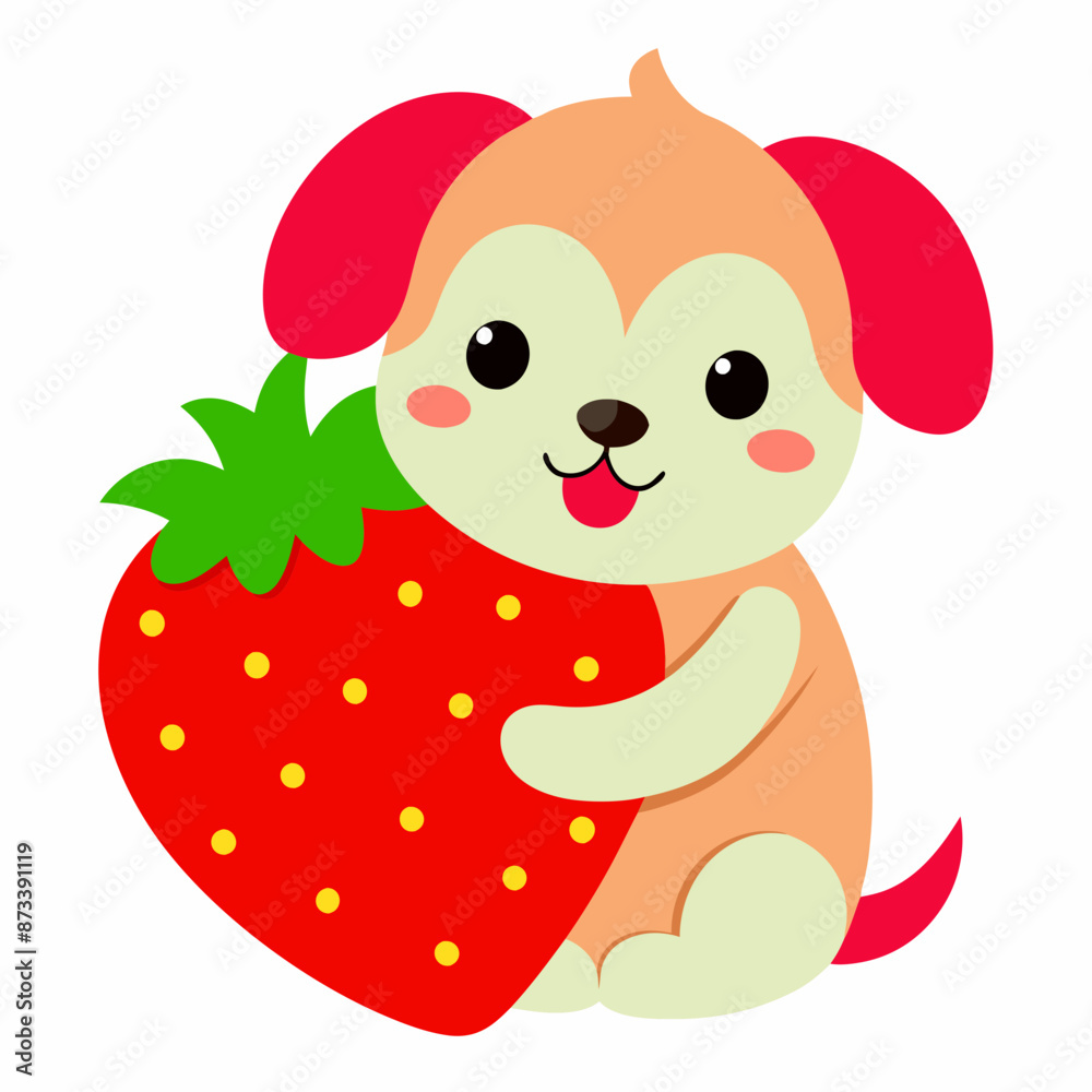 cute puppy hugging a strawberry on white background cute puppy hugging a strawberry on white background