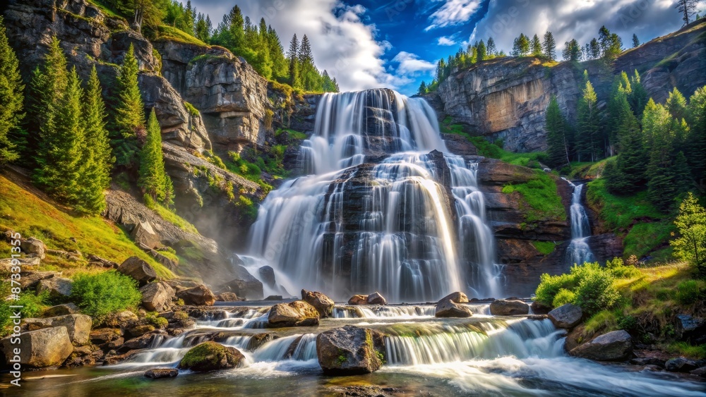 Fototapeta premium Majestic Waterfall Cascading Down Rocky Cliffs in a Lush Forest