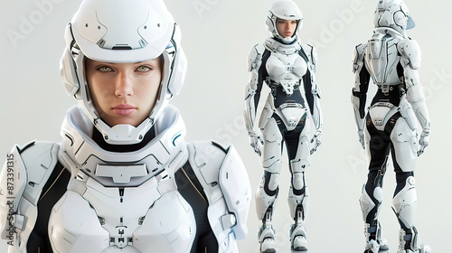 Futuristic police officer, young adult female in white combat suit with body armor plates, advanced robotic and technology elements, detailed and hightech design, military or security officer 