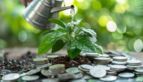 Watering a Plant With Water Pouring From a Cup Onto US Dollar Bills and Coins