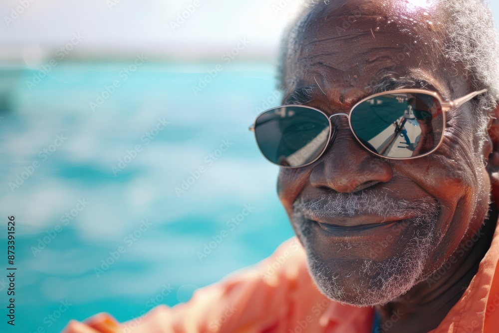 An elderly man is seen relaxing on a boat, surrounded by vibrant turquoise waters and scenic surroundings, epitomizing leisure, relaxation, and enjoying nature. An elderly man is seen relaxing on a boat, surrounded by vibrant turquoise waters and scenic surroundings, epitomizing leisure, relaxation, and enjoying nature.