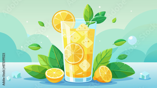 Refreshing Lemonade with Mint and Lemon Slices. Glass of Lemon Drink Isolated on Pastel Light Green and Baby Blue Background, Summer Vector Illustration 