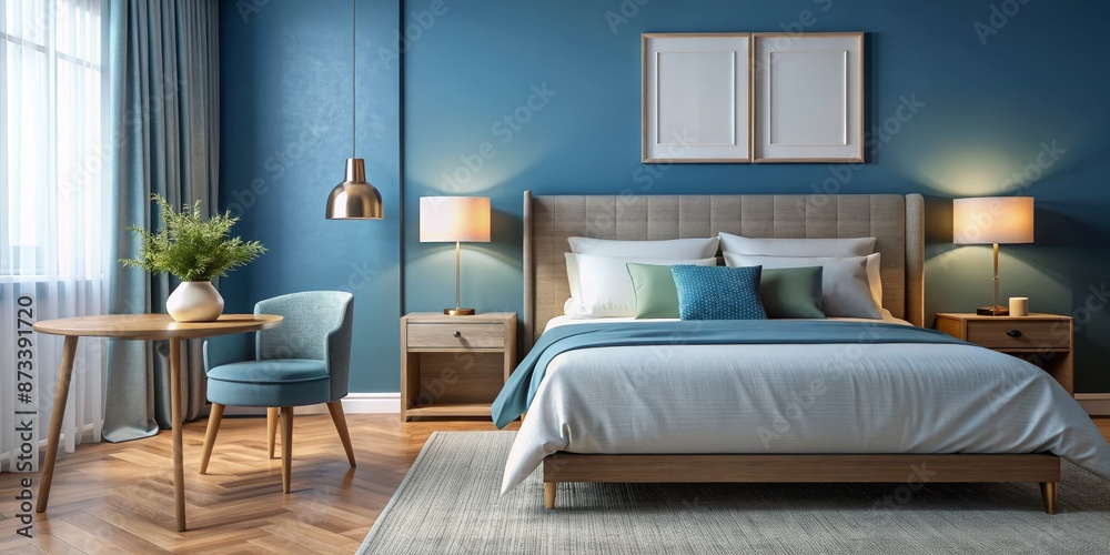 Fototapeta premium Modern Blue Bedroom Interior Design with King Size Bed and Nightstands