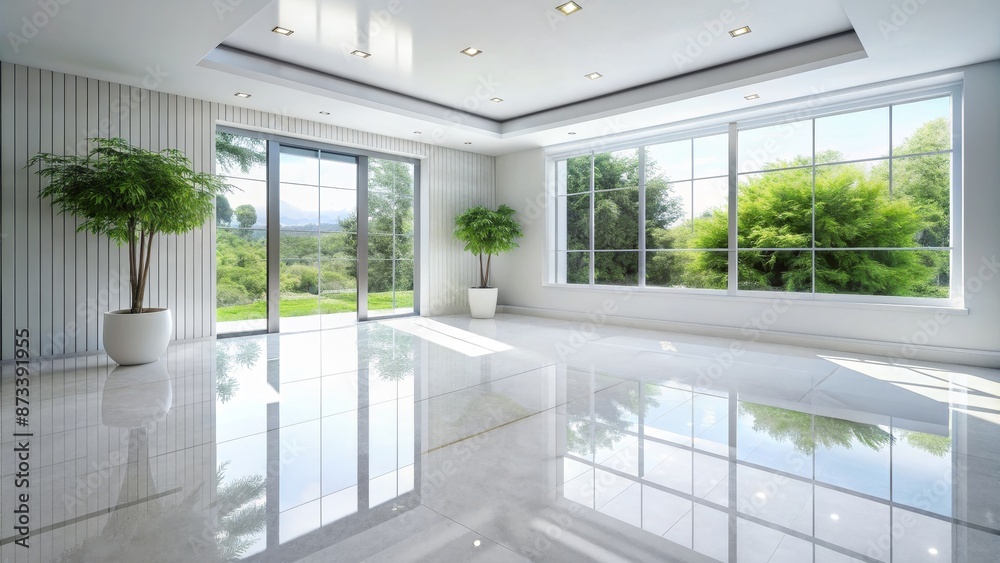 Fototapeta premium Modern Interior Design with Large Windows and Reflective Floor